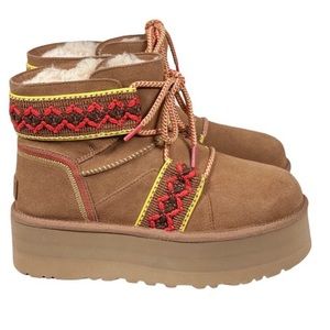 UGG Classic Mini Braid Platform Chestnut Suede Wool Boot 1138492 Size 11